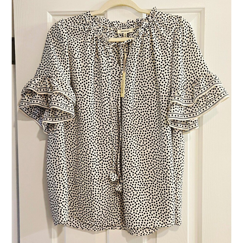 Max Studio 1X Blouse NWT Polka Dot Ruffle Tiered Sleeve Keyhole Boho White Black
